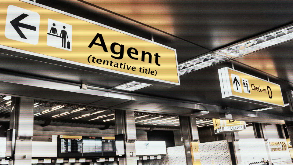 A stylized airport wayfinding sign reading Agent, with a tentative title note below and check-in signs in the background.
